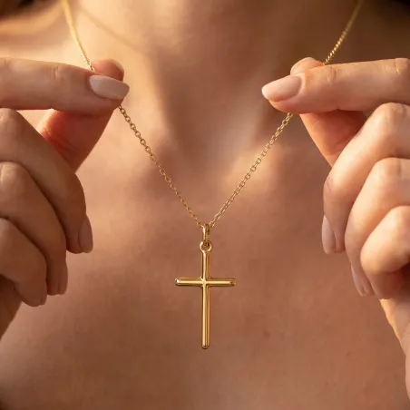 Pendentif Croix Tube Plein 25 mm en Or Jaune 18 Carats