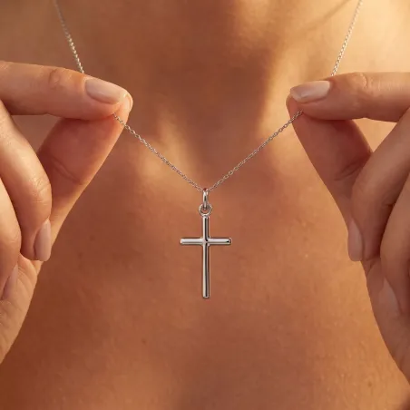 Pendentif Croix Tube Plein 25 mm en Or Blanc 18 Carats