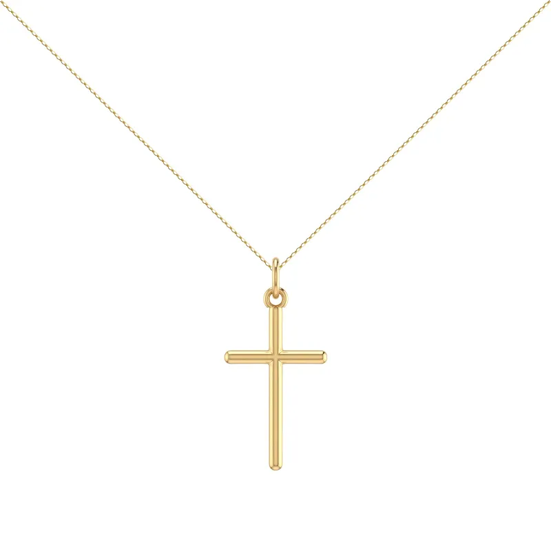 Solid Tube Cross Pendant 18K Yellow Gold - 30 x 16 mm