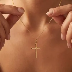 Pendentif Croix Tube Plein Or Jaune 18 Carats - 30 x 16 mm