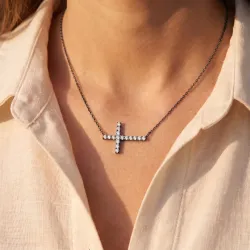 Sideways Cross Natural Diamond Necklace in 18K Black Gold | Celinni