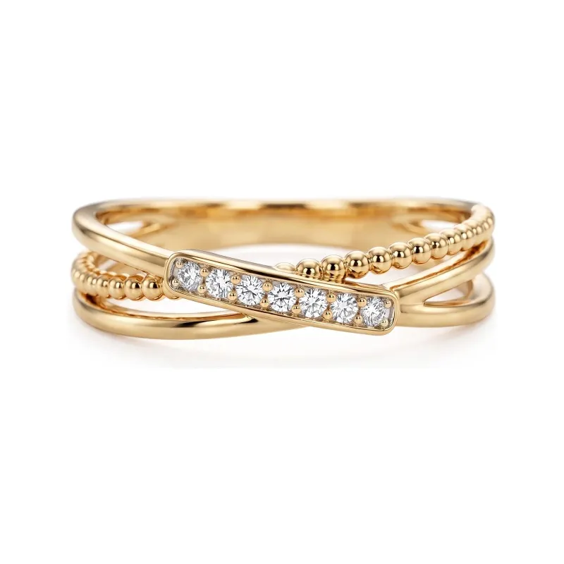 Beaded Crossover Diamond Ring in 18K Gold or Platinum