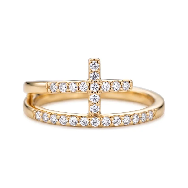 Double Band Pav&eacute; Cross Ring in 18K Gold or Platinum Celinni