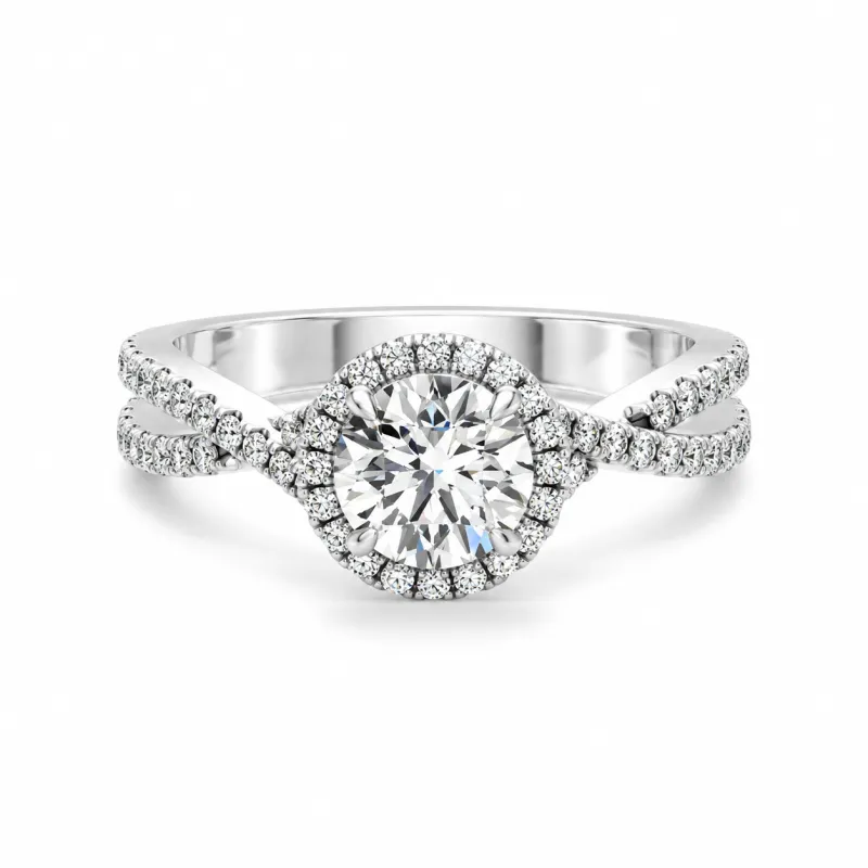 Bague de Fian&ccedil;ailles Diamant Rond Aur&eacute;ole | Halo Or 18K & Platine | Celinni