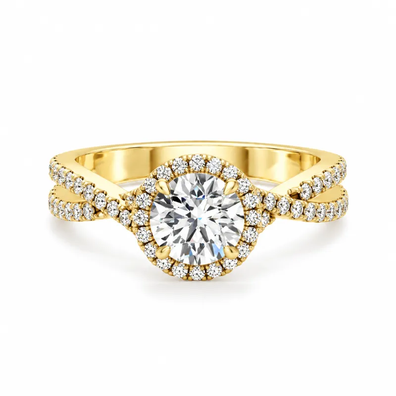 Bague de Fian&ccedil;ailles Diamant Rond Aur&eacute;ole | Halo Or 18K & Platine | Celinni