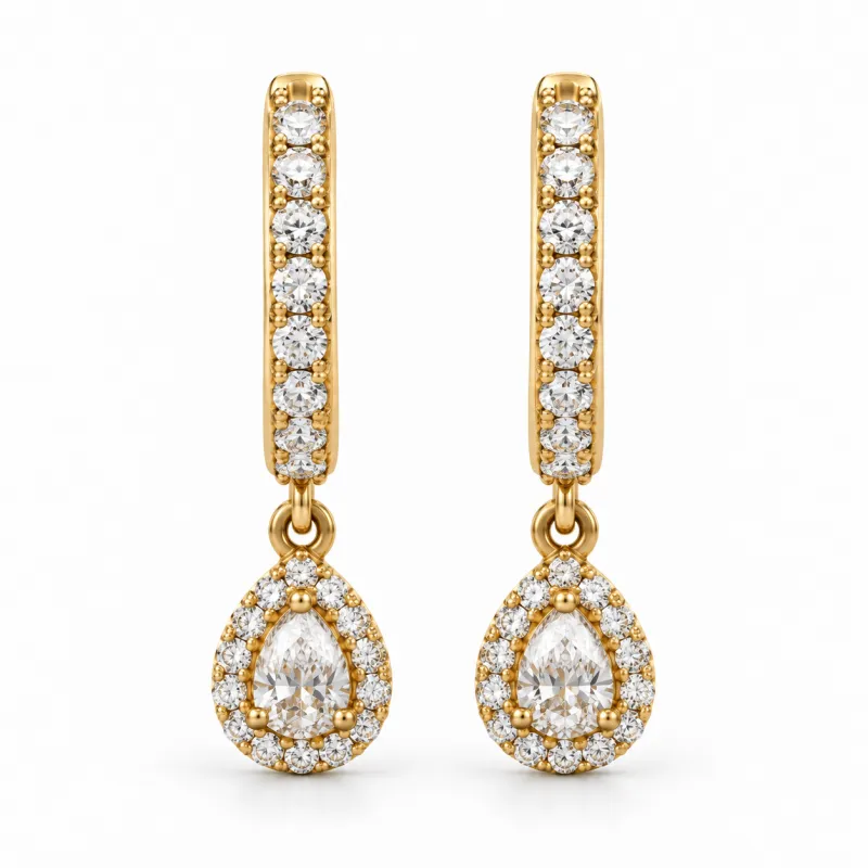 Pendientes Aro Charm Pera Diamantes en Oro Amarillo 18K