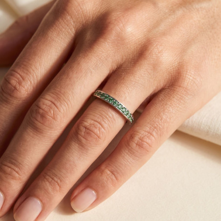 Alianza Diamantes Verdes Engaste de Granos Oro Blanco 18K