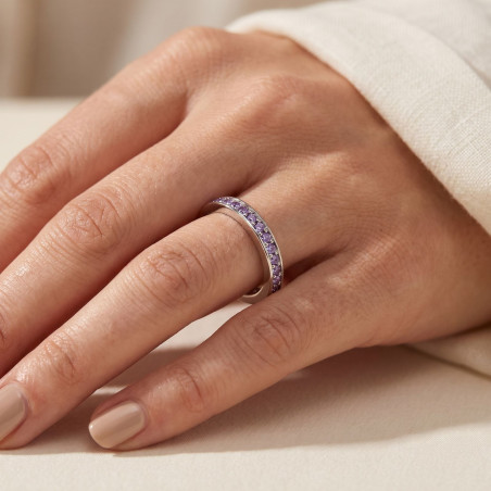 Purple Diamond Bead-Set Wedding Band in 18K White Gold