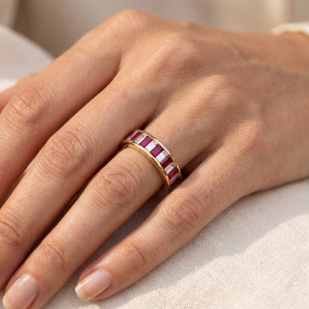 Ehering mit Diamanten und Rubinen in Kanalfassung – 18K Gelbgold