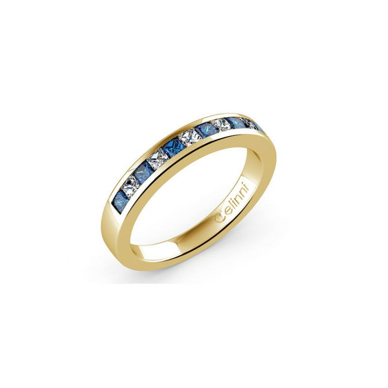 Halbmemoire-Ring Diamanten und blaue Saphire Kanalfassung 18K Gelbgold | Celinni