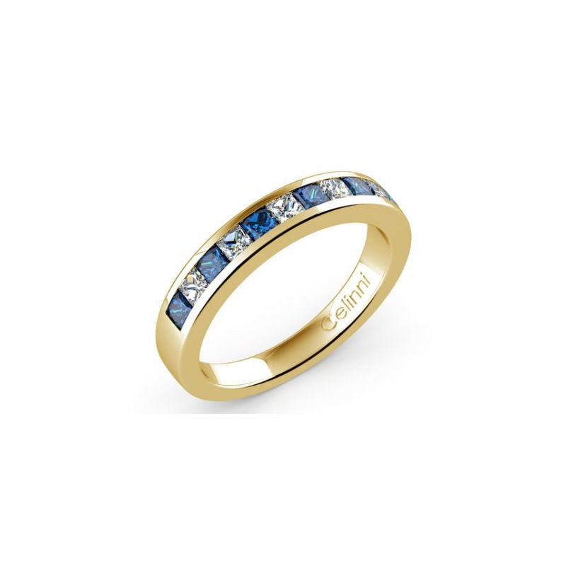 Demi-Alliance Diamants et Saphirs Bleus Serti Rail Or Jaune 18K | Celinni