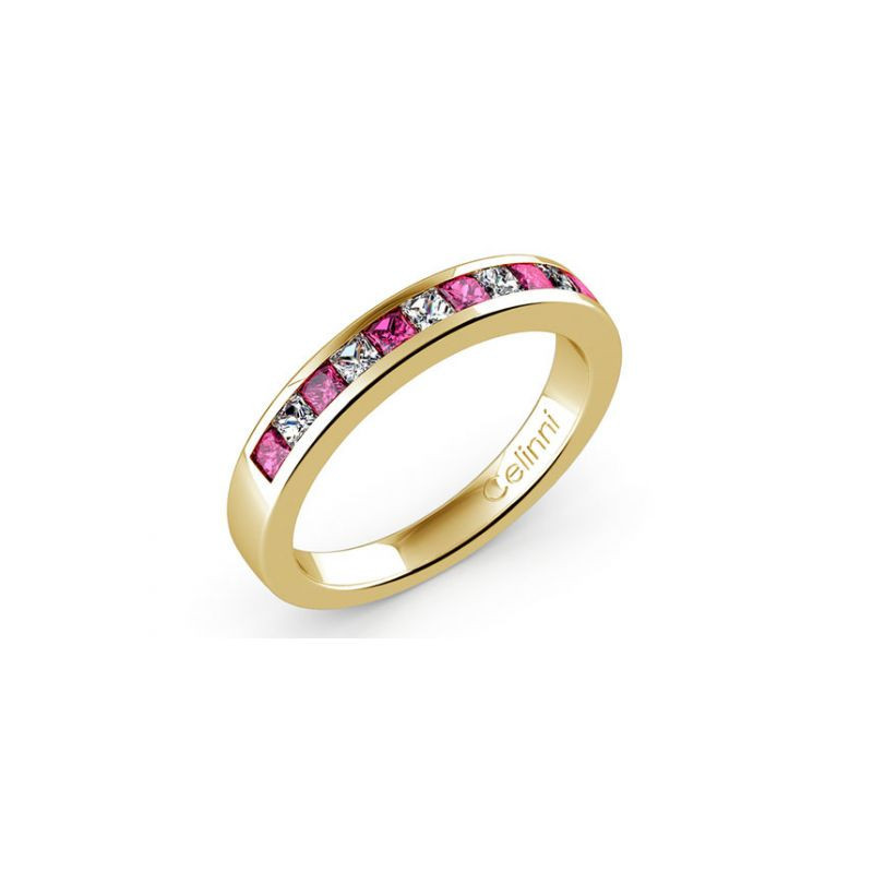 Demi-Alliance Diamants et Saphirs Roses Serti Rail en Or Jaune 18 Carats