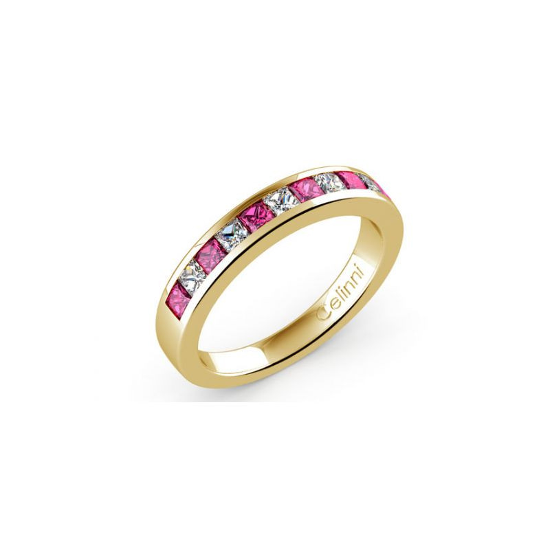 Demi-Alliance Diamants et Saphirs Roses Serti Rail Or Jaune 18K | Celinni