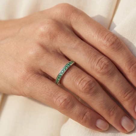 Halbmemoire-Ring Grüne Diamanten Krappenfassung aus 18 Karat Weißgold