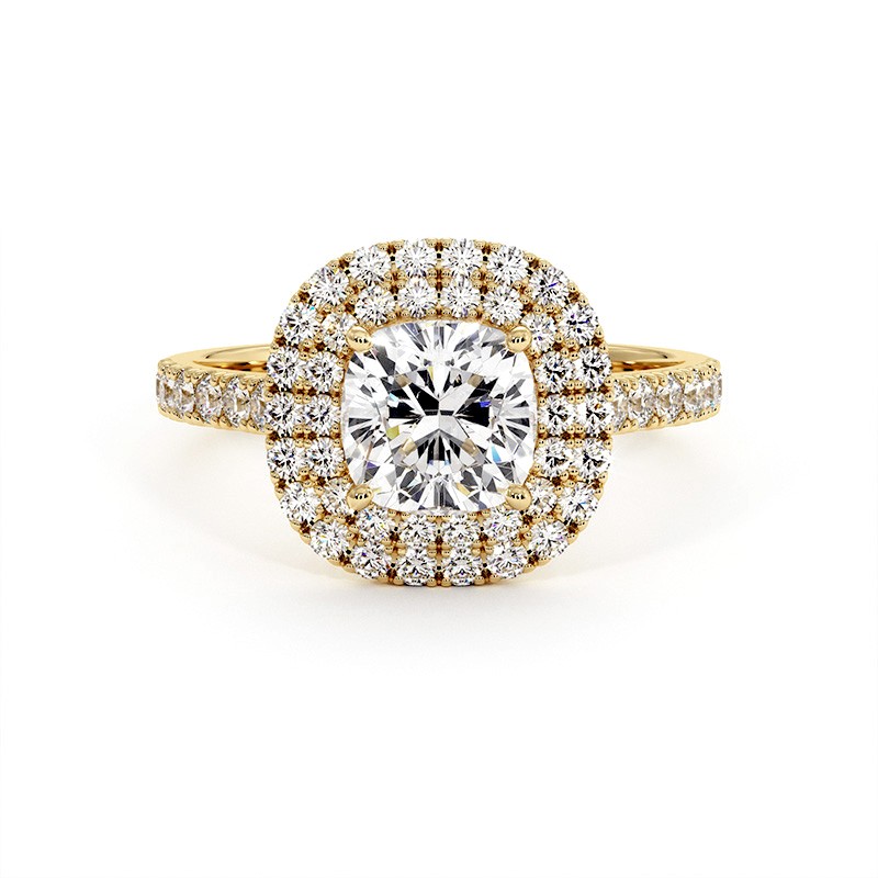 Bague Diamant Taille Coussin Double Halo Ma Vie Or Jaune 18k 750 Millièmes