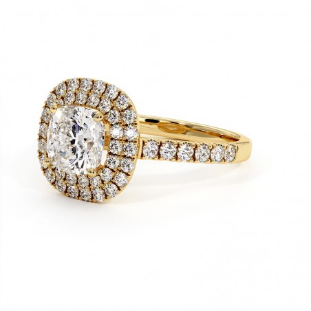 Bague Diamant Taille Coussin Double Halo Ma Vie Or Jaune 18k 750 Millièmes