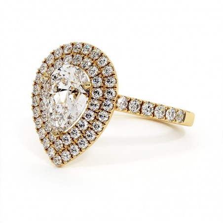 Bague Diamant Taille Poire Double Halo Ma Vie Or Jaune 18k 750 Millièmes