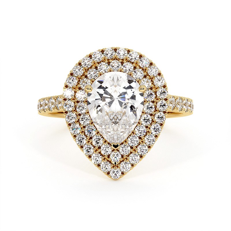 Pear Cut Double Halo Diamond Ring Ma vie 18k Yellow Gold 750 Thousandths