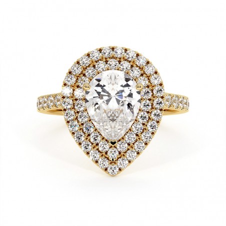 Bague Diamant Taille Poire Double Halo Ma Vie Or Jaune 18k 750 Millièmes