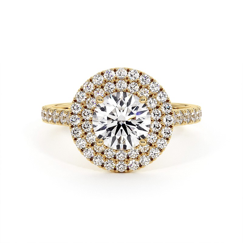 Ronde Diamant Ring Dubbele Halo Ma vie 18k Geel Goud 750 Duizendsten