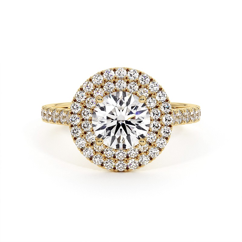 Round Cut Double Halo Diamond Ring Ma vie 18k 750 Thousandths Yellow Gold