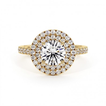 Bague Diamant Taille Rond Double Halo Ma Vie Or Jaune 18k 750 Millièmes