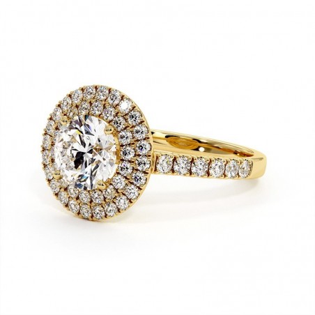 Anillo de Diamante Talla Redonda Doble Halo Mi Vida Oro Amarillo 18k 750 Mil&eacute;simas