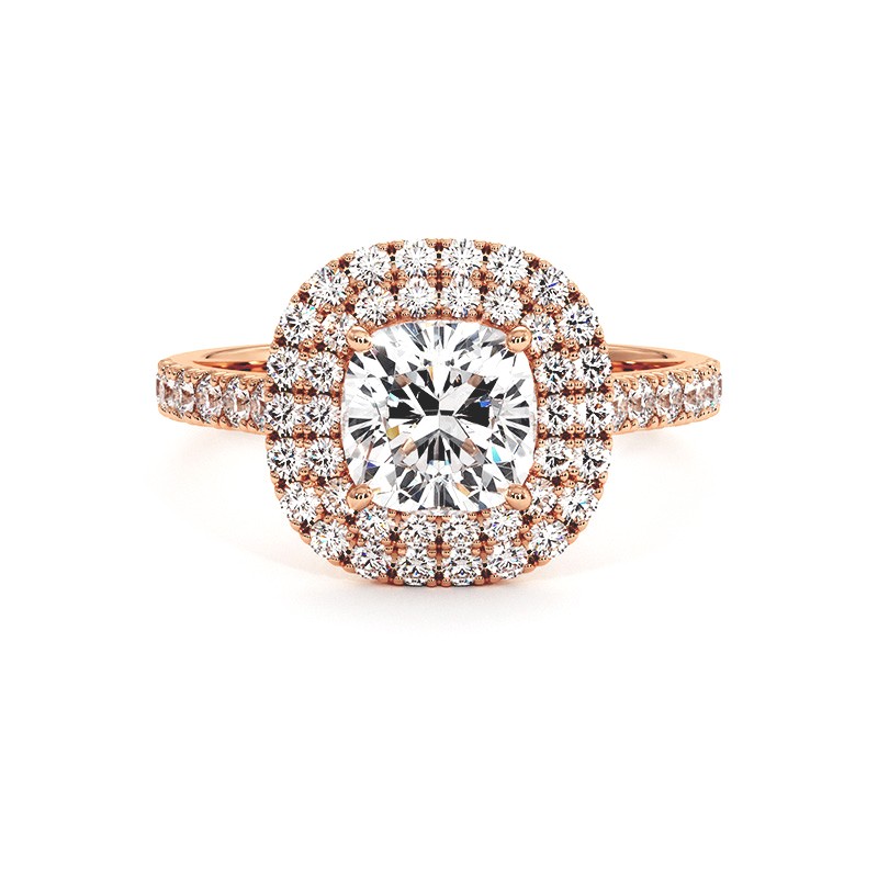 Bague Diamant Taille Coussin Double Halo Ma Vie Or Rose 18k 750 Millièmes