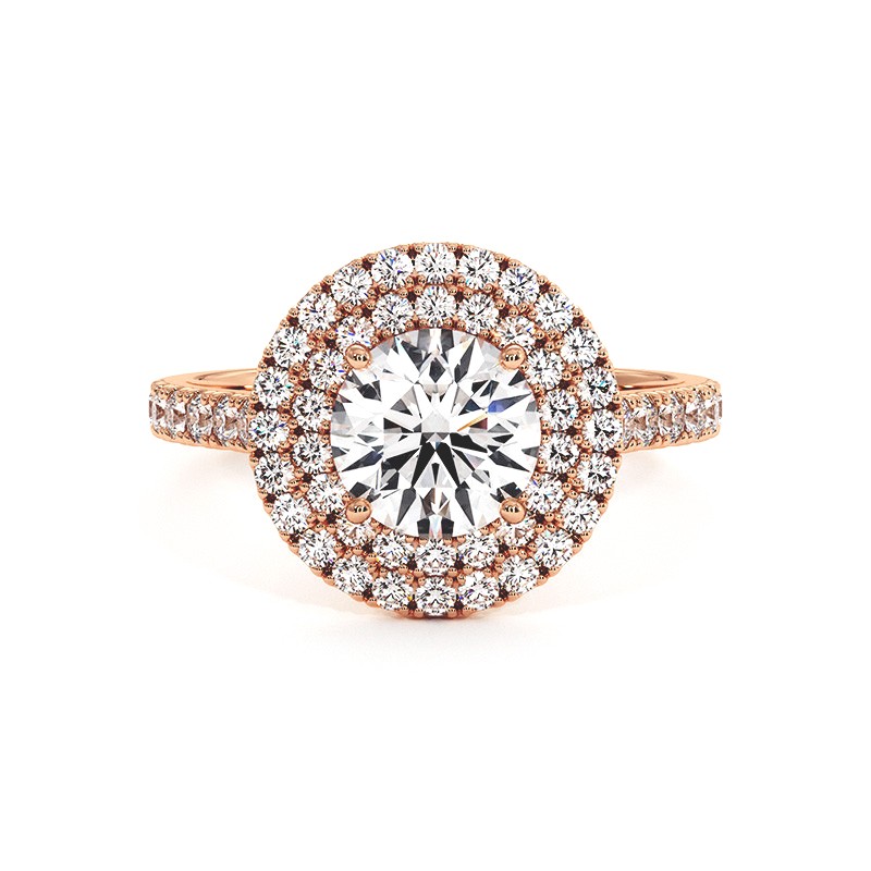 Ronde Diamanten Ring Dubbele Halo Ma vie 18k Rose Goud 750 Duizendsten