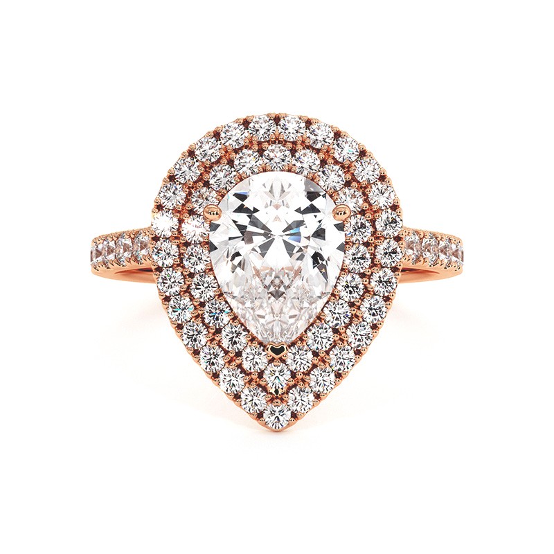 Diamantring Birnenschliff Doppel Halo Ma vie Rosenquarz 18k - Celinni