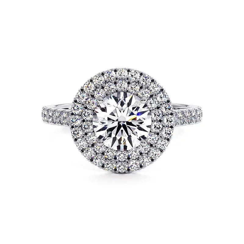 Bague Diamant Taille Rond Double Halo Ma Vie Or Blanc 18k 750 Millièmes