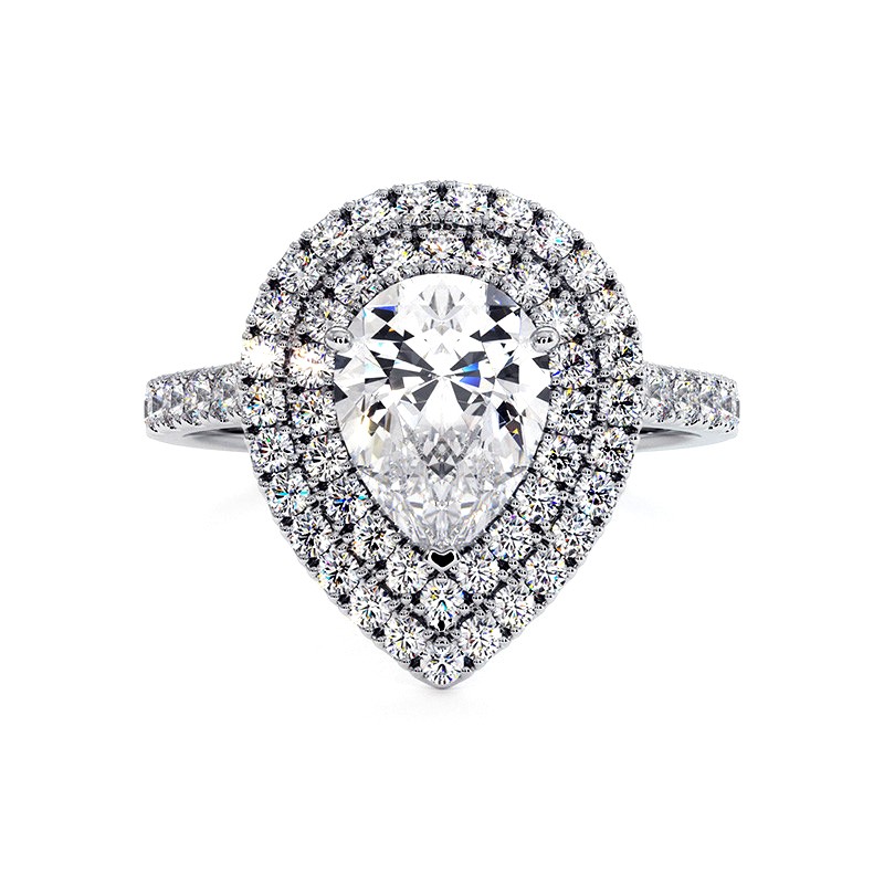 Bague Diamant Taille Poire Double Halo Ma Vie Or Blanc 18k 750 Millièmes