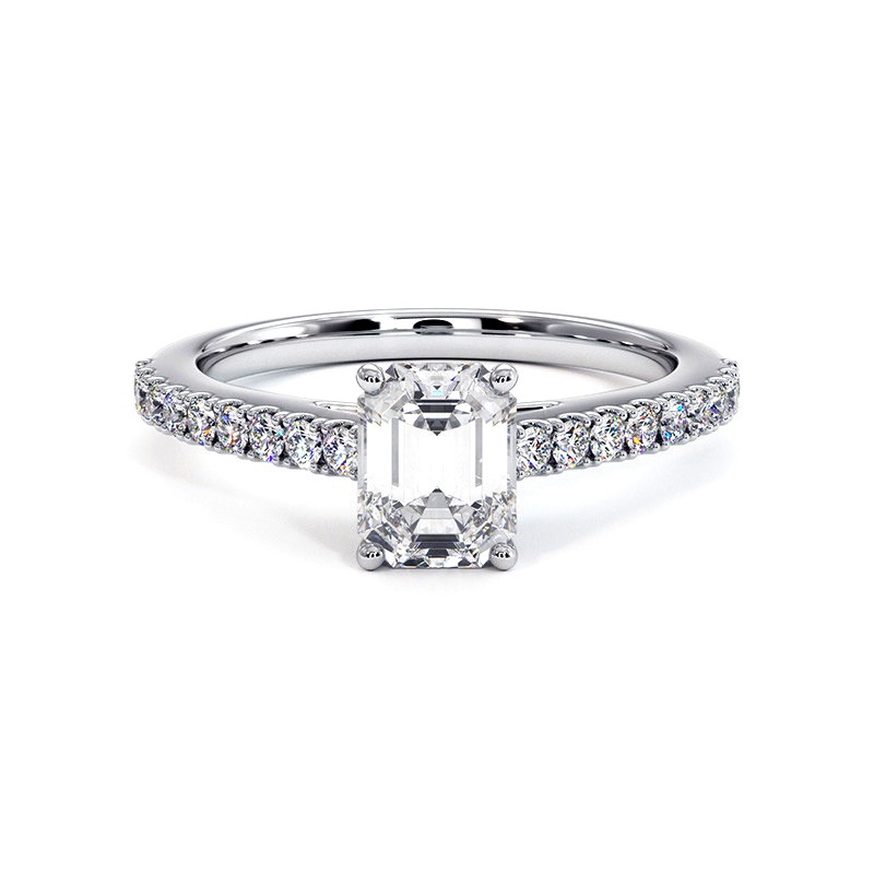 Emerald Cut Diamond Ring Elle 18k White Gold 750 Thousandths