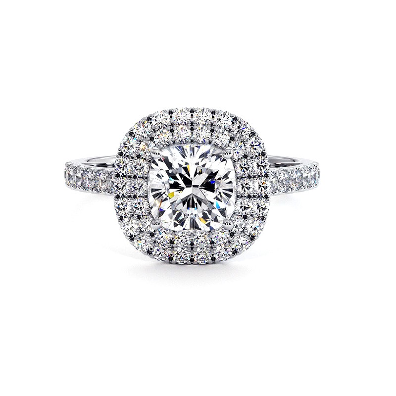 Cushion Cut Diamond Double Halo Ring Ma vie 18k White Gold 750 Thousandths