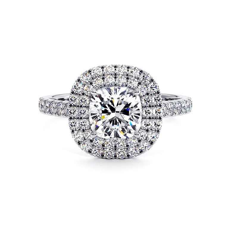 Diamantring Kissen Doppel Halo Ma vie Wei&szlig;gold 18k - Celinni