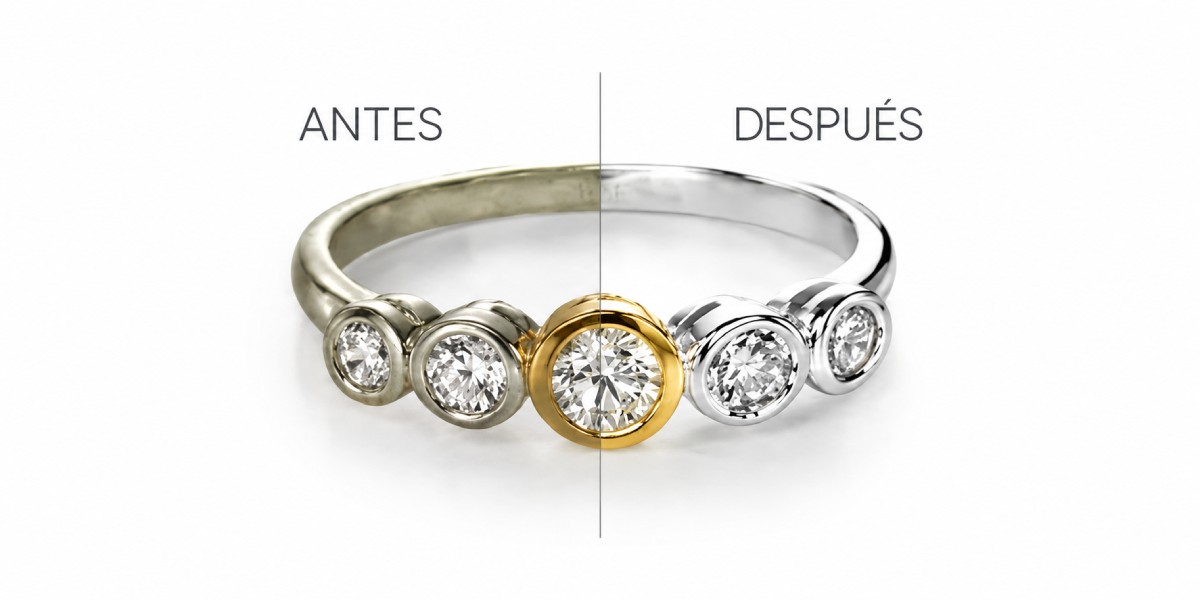 Comparación antes y después del rodiado de un anillo de diamantes para restaurar el brillo y la blancura del metal