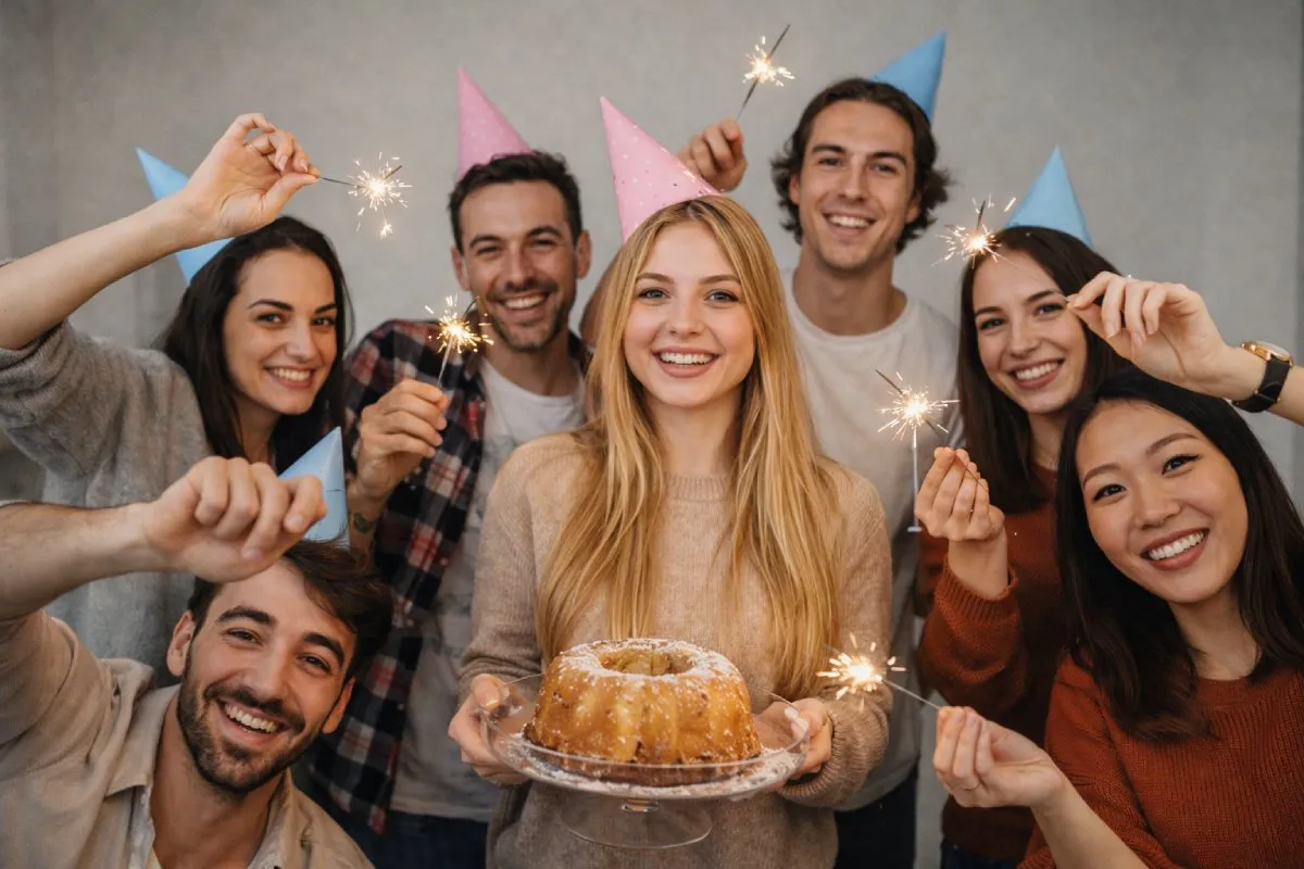 مجموعة من الشباب يحتفلون بعيد ميلاد 18 سنة مع كعكة وشموع متلألئة، أجواء مرحة واحتفالية بين الأصدقاء.