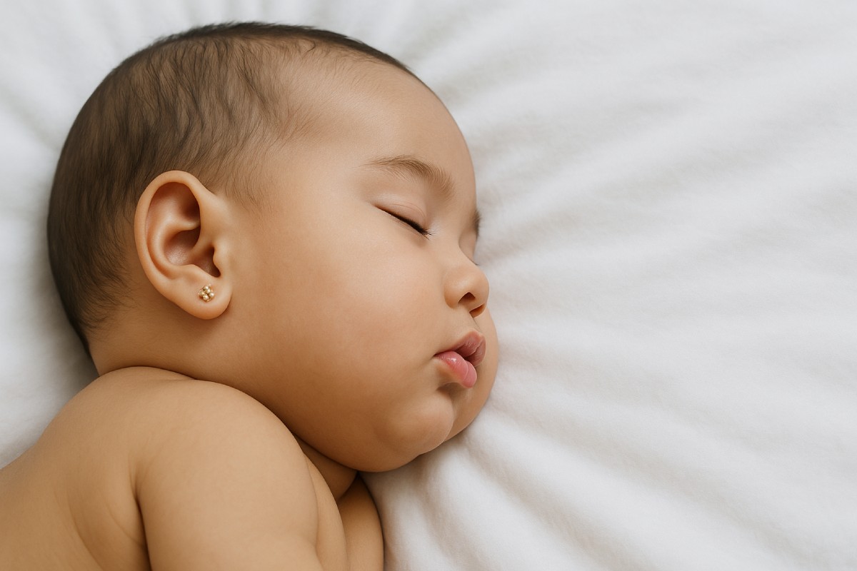 Vredig slapende baby met een oorbel van 18 karaat geelgoud, een hypoallergeen sieraad geschikt vanaf de geboorte.