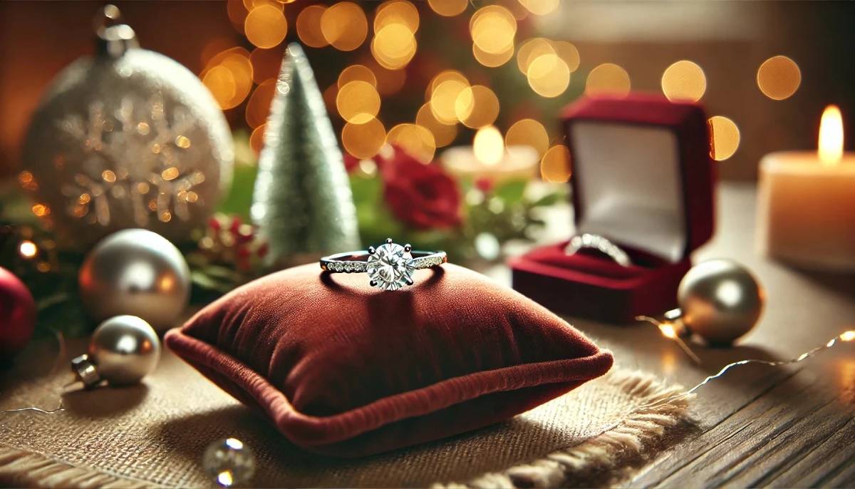 Bague de fiançailles en diamant posée sur un coussin rouge dans une ambiance de Noël, idée cadeau élégante et raffinée pour les fêtes.