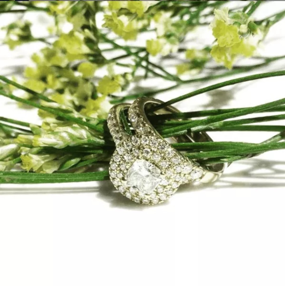 Elegant engagement ring featuring a sparkling center diamond and smaller accent diamonds, photographed against a lush green botanical background.