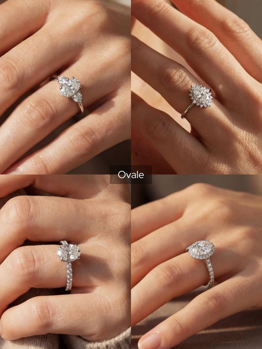 Sélection de bagues de fiançailles avec diamant ovale montées sur or blanc, modèles élégants et intemporels portés à la main