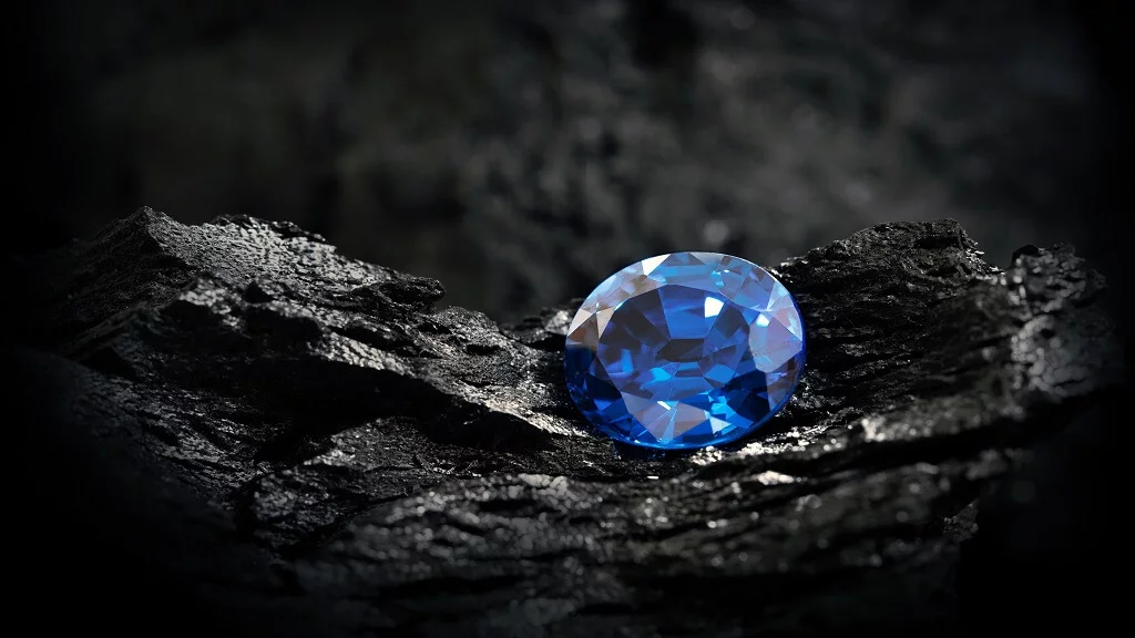 Gros plan d'un diamant bleu de forme ovale reposant sur une roche sombre, mettant en valeur son éclat profond et ses nuances rares.