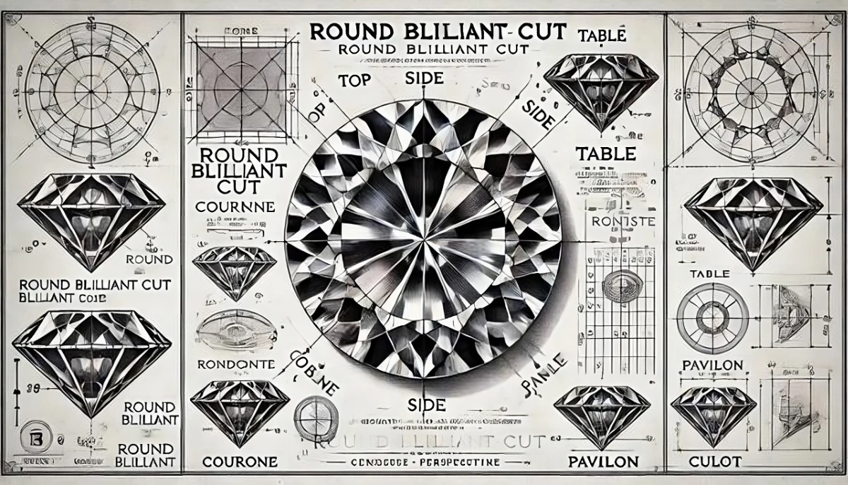 A detailed technical diagram of a round brilliant cut, showing the ideal proportions and angles