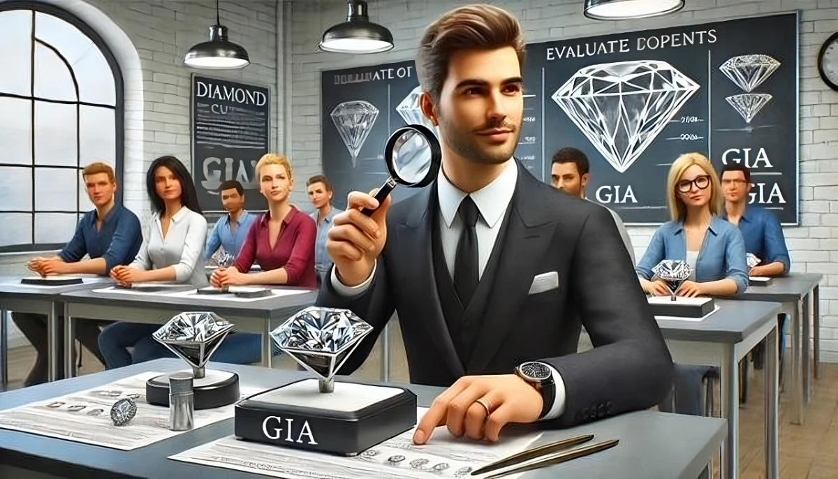 A diamond evaluation expert in a GIA classroom, using a magnifying glass to examine a diamond, surrounded by attentive students.