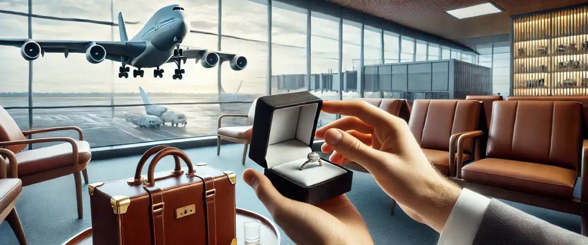 Elegant airport lounge with a traveler holding a jewelry box for a surprise marriage proposal