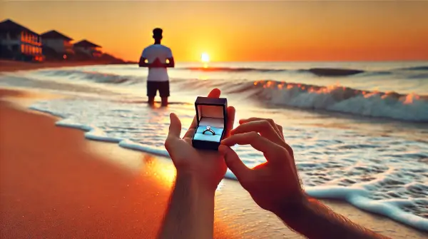 Man on the beach at sunset, preparing a surprise marriage proposal with a hidden ring box