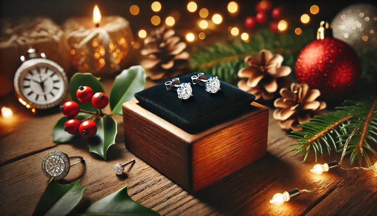 Boucles d’oreilles en diamant exposées dans un écrin en bois au milieu de décorations de Noël, parfaites comme cadeau précieux pour les fêtes.