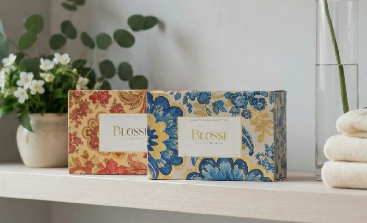 Coffret Blossi décor floral rouge entouré d’orange, citron et fleurs, représentant une expérience sensorielle offerte avec un achat Celinni