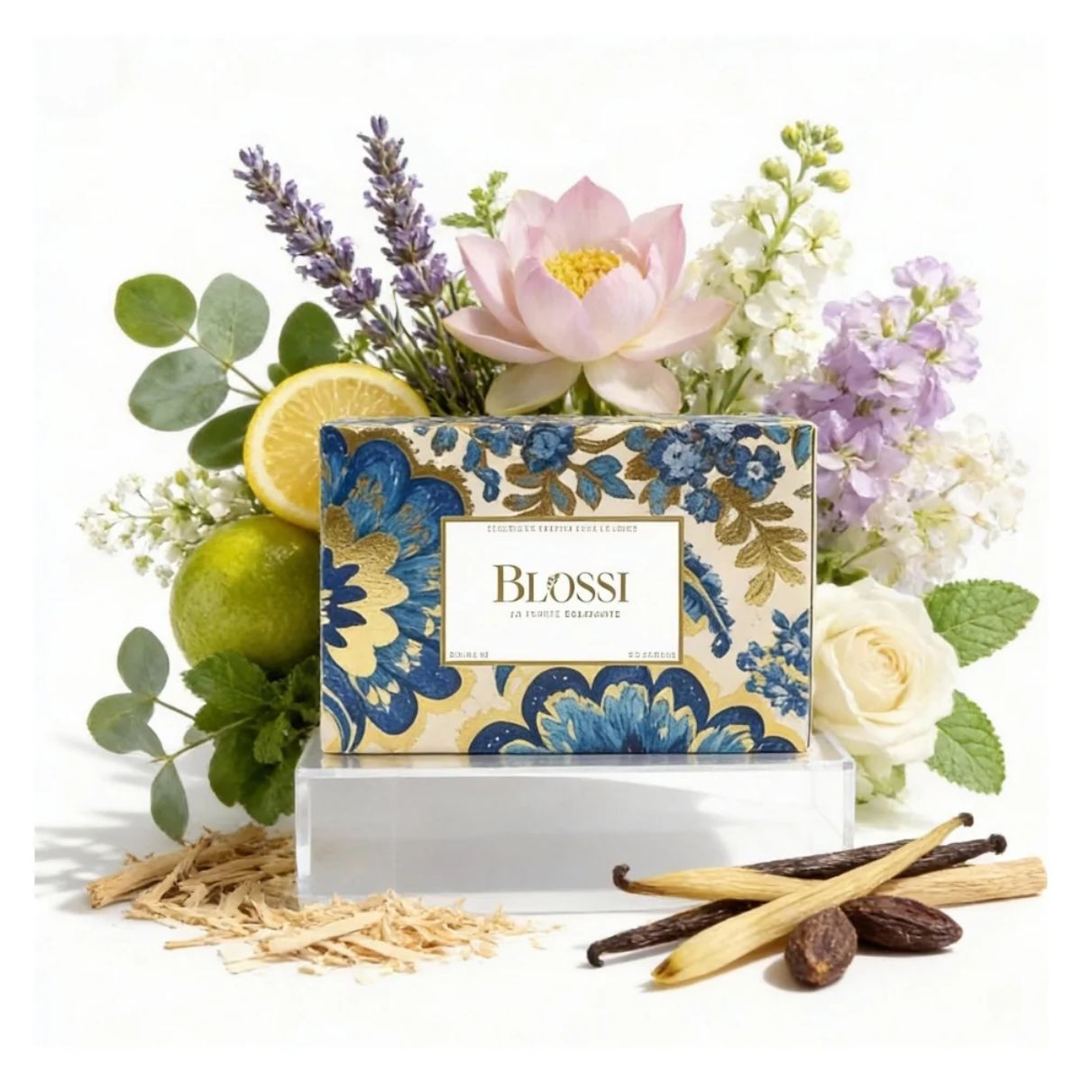 Coffret Blossi décor floral bleu entouré de citron, lavande et fleurs, illustrant un cadeau bien-être raffiné offert avec un bijou Celinni