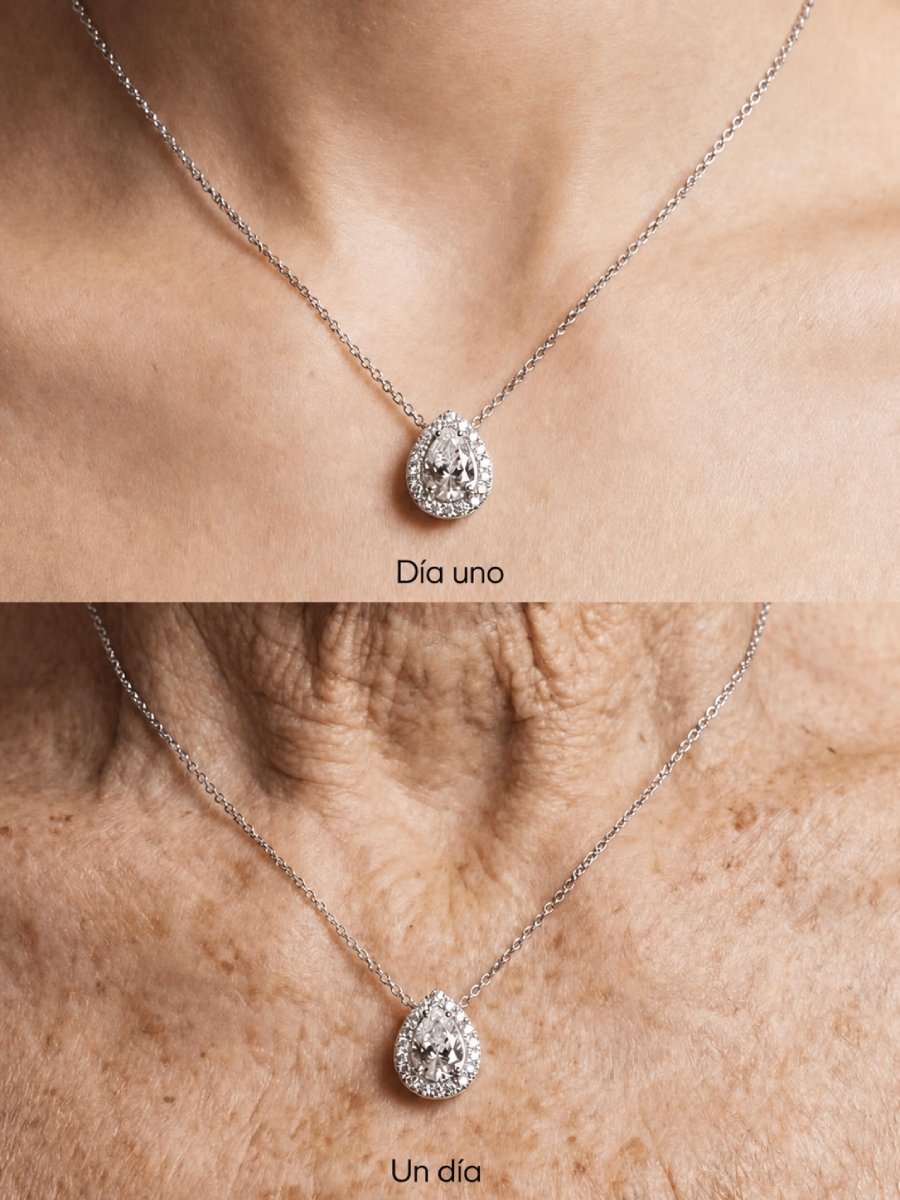 Colgante de diamante talla pera con engaste halo, llevado en juventud y edad adulta, símbolo de una joya certificada GIA transmitida entre generaciones